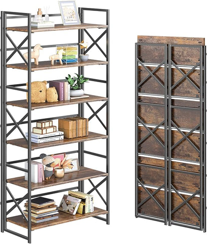 4NM 6 Tiers No Assembly Book Shelves, 61.8" H Folding Bookshelf Bookcase Open by 4NM