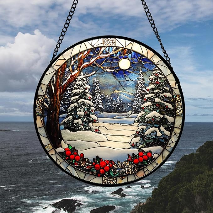 DASTOLL Stained Glass Window Hanging Christmas Tree Winter Snow Night Scenery - Image 2