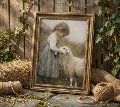 Gold Framed Vintage Aesthetic Girl With Sheep Wall Art Rustic Farmhouse Print Poster Artwork Sheep Cottagecore Wall Decor for Living Room Bedroom Bathroom Decoration 9x11in