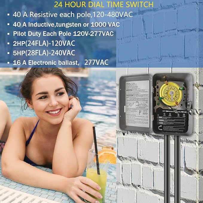 T104 Mechanical Timer Switch, 208–277 VAC 40 Amp, Pool Pump Switch, 24 Hour 12 - Image 4