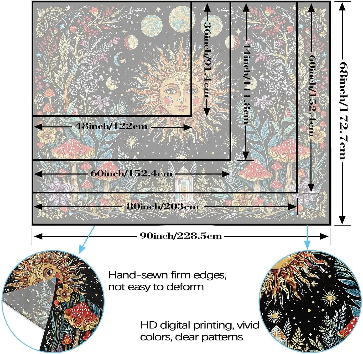 Accnicc Boho Sun and Moon Tapestry Hippie Mushroom Floral Wall Tapestry for Bedroom Aesthetic Vintage Plant Celestial Spiritual Small Tapestries Wall Hanging for Dorm Living Room Decor 48 x 36 Inch