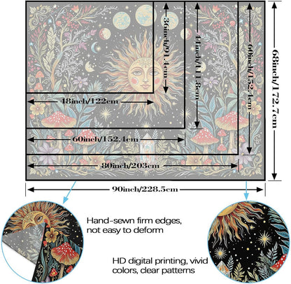 Accnicc Boho Sun and Moon Tapestry Hippie Mushroom Floral Wall Tapestry for Bedroom Aesthetic Vintage Plant Celestial Spiritual Small Tapestries Wall Hanging for Dorm Living Room Decor 48 x 36 Inch