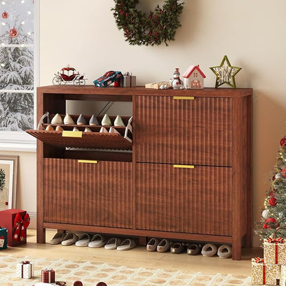 Shoe Cabinet Storage for Entryway, Fluted Walnut Shoe Cabinet - Image 3
