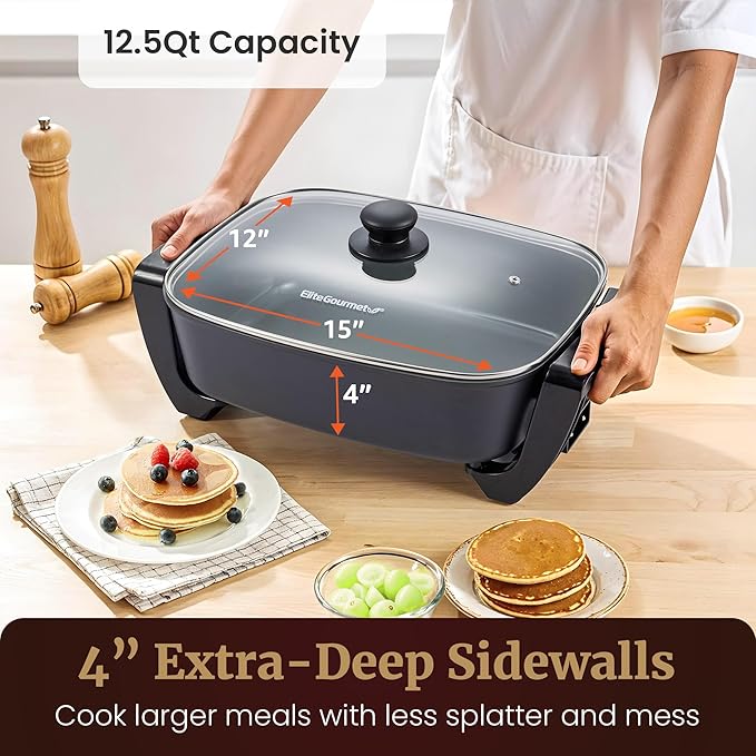 Elite Gourmet 15" x 12" x 4" Electric Skillet, Xtra Deep Dish, Ceralast™ PFAS - Image 3