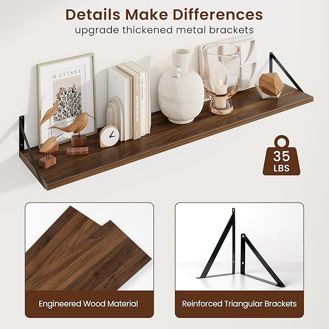 Axeman 48 Inch Floating Shelves | 10 Inch Deep Walnut Wall Shelves Set of 2 | - Image 5
