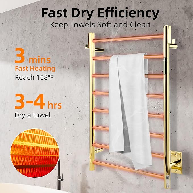 P&Bhusri Polished Gold Heated Towel Rack, 21.65" L x 31.54" H 8-bar Fast Dry - Image 3