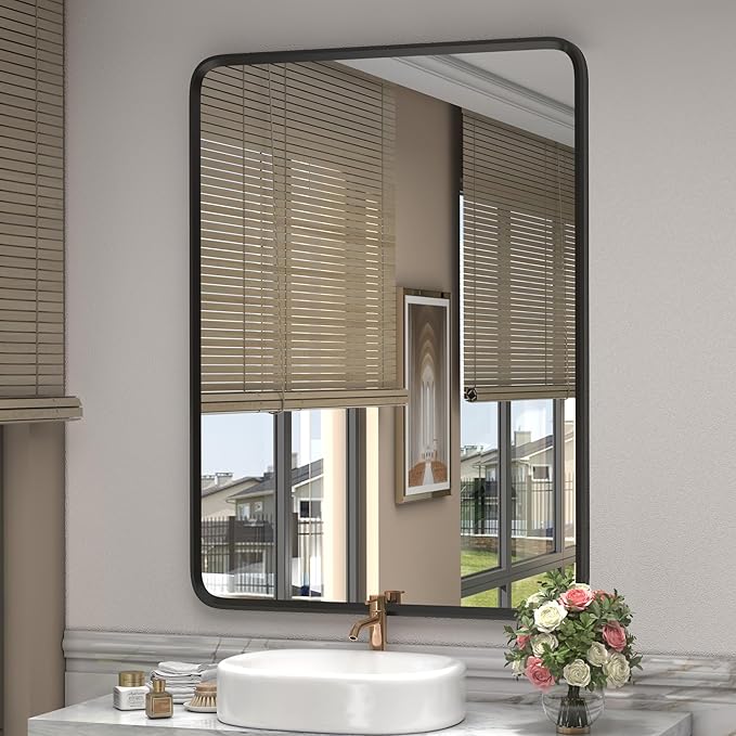 28x36 Black Bathroom Mirror for Wall, Matte Black Metal Framed Bathroom Vanity by GOLOMO
