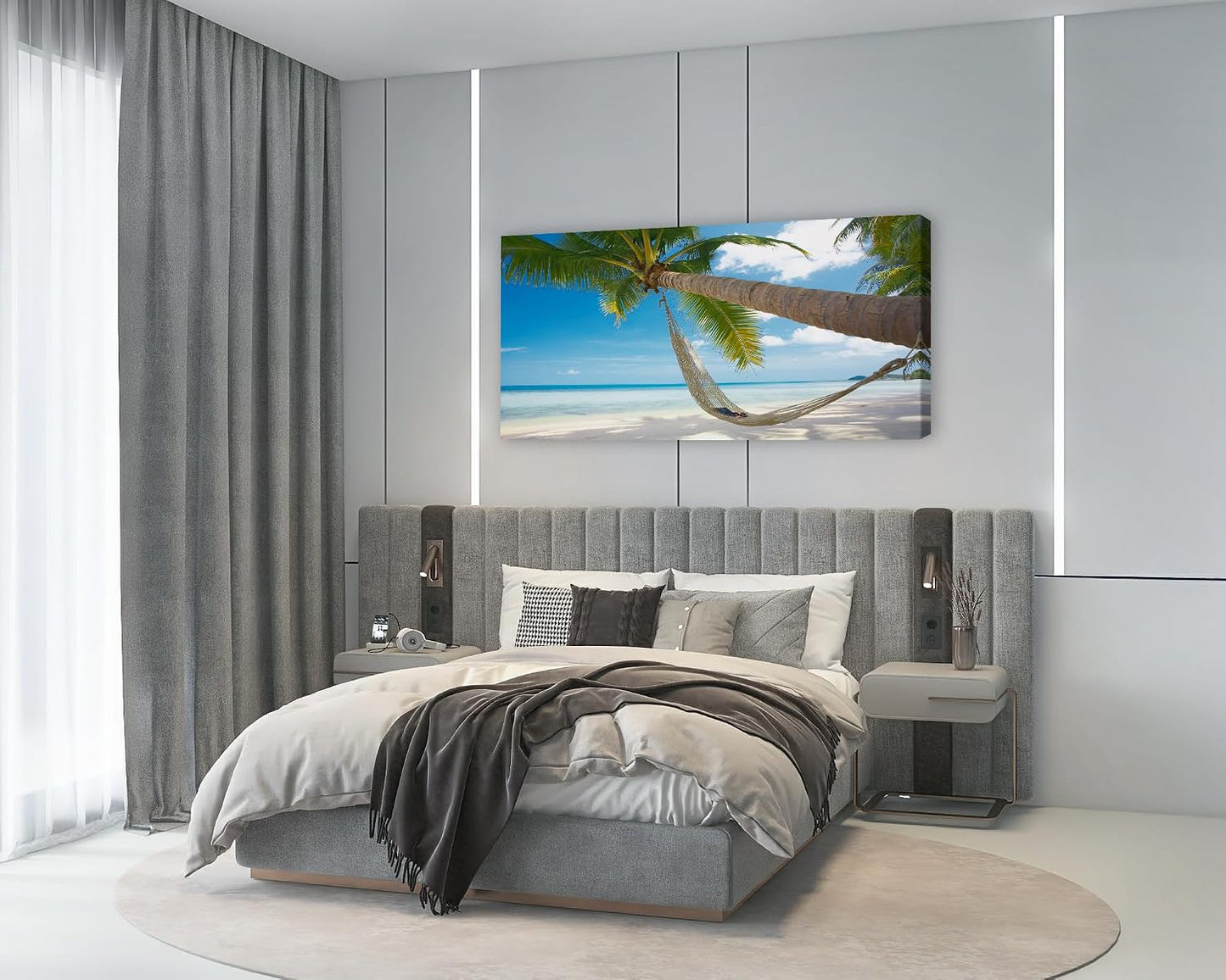 Muolunna BK6850 Beach Wall Art Canvas Prints - Tropical Palm Tree Hammock Seascape Picture Ocean Landscape Artwork for Living Room Bedroom Bathroom Office Home Decor, Large Framed 20x40 inch