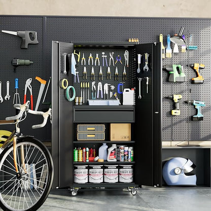 Garage Storage Cabinet with Wheels and Doors, Lockable Metal Storage Cabinet - Image 2
