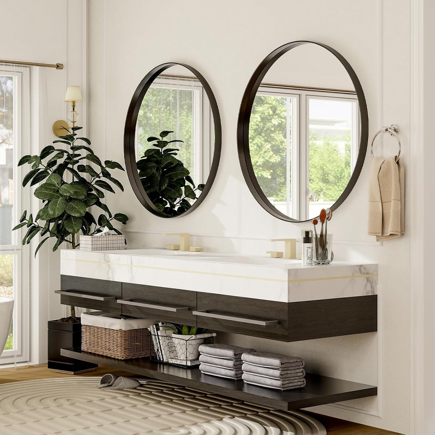 32 Inch Round Bathroom Mirror - Wall Mounted Circle Mirror with Metal Frame, Modern Home Suitable for Bathroom, Vanity, Entryway, Living Room, Wall Decor,Black