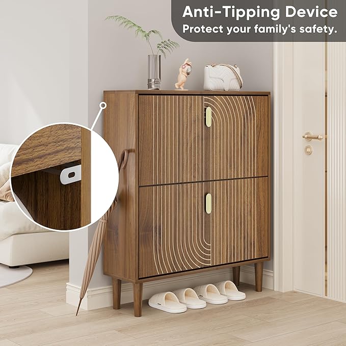 Smuxee Shoe Cabinet with 2 Flip Drawers, 31.5" Walnut Hidden Shoe Storage - Image 6