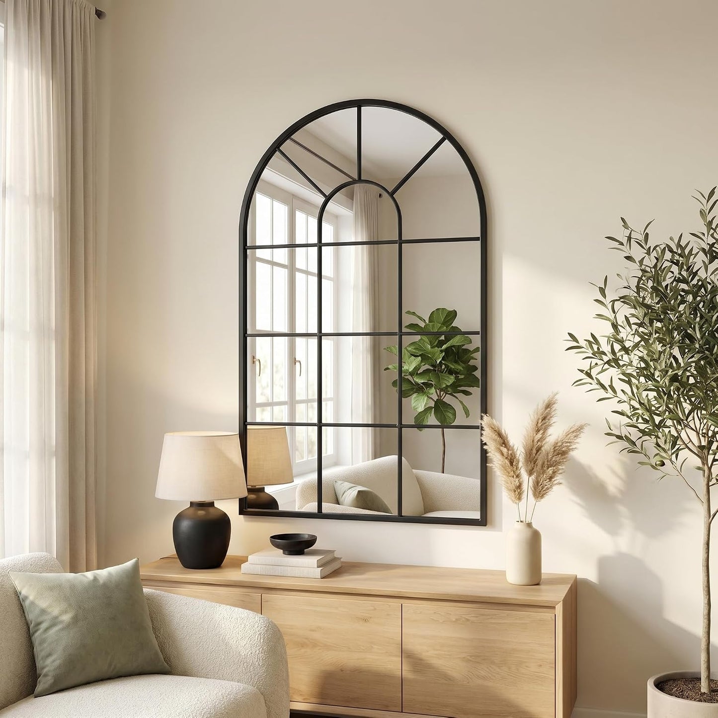 48x28Inch Arched Window Pane Mirror| Black Arched Mirrors for Wall & Floor | Arch Mirror Full Length for Entryway Living Room & Bedroom | Oversized Mirrors | Wall Art Decorative |Farmhouse Décor