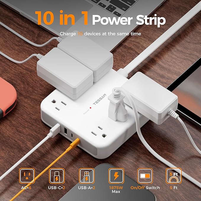 TESSAN Surge Protector Power Strip 2100J, 5 Ft Flat Plug Extension Cord - Image 2