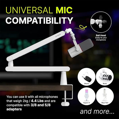 IXTECH White Microphone Boom Arm Stand Low Profile Boom Arm Adjustable Mic Stand - Image 2