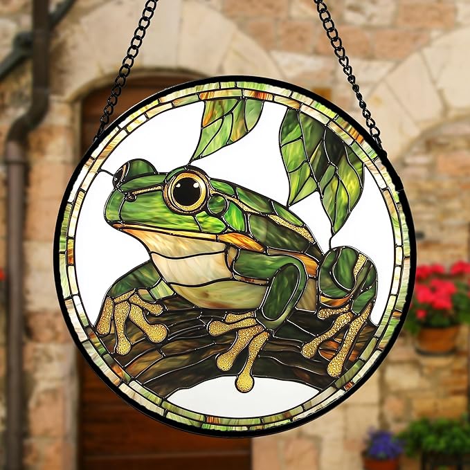 DASTOLL Stained Glass Window Hanging, Frog Green Leaf Sun Catchers Colorful - Image 2