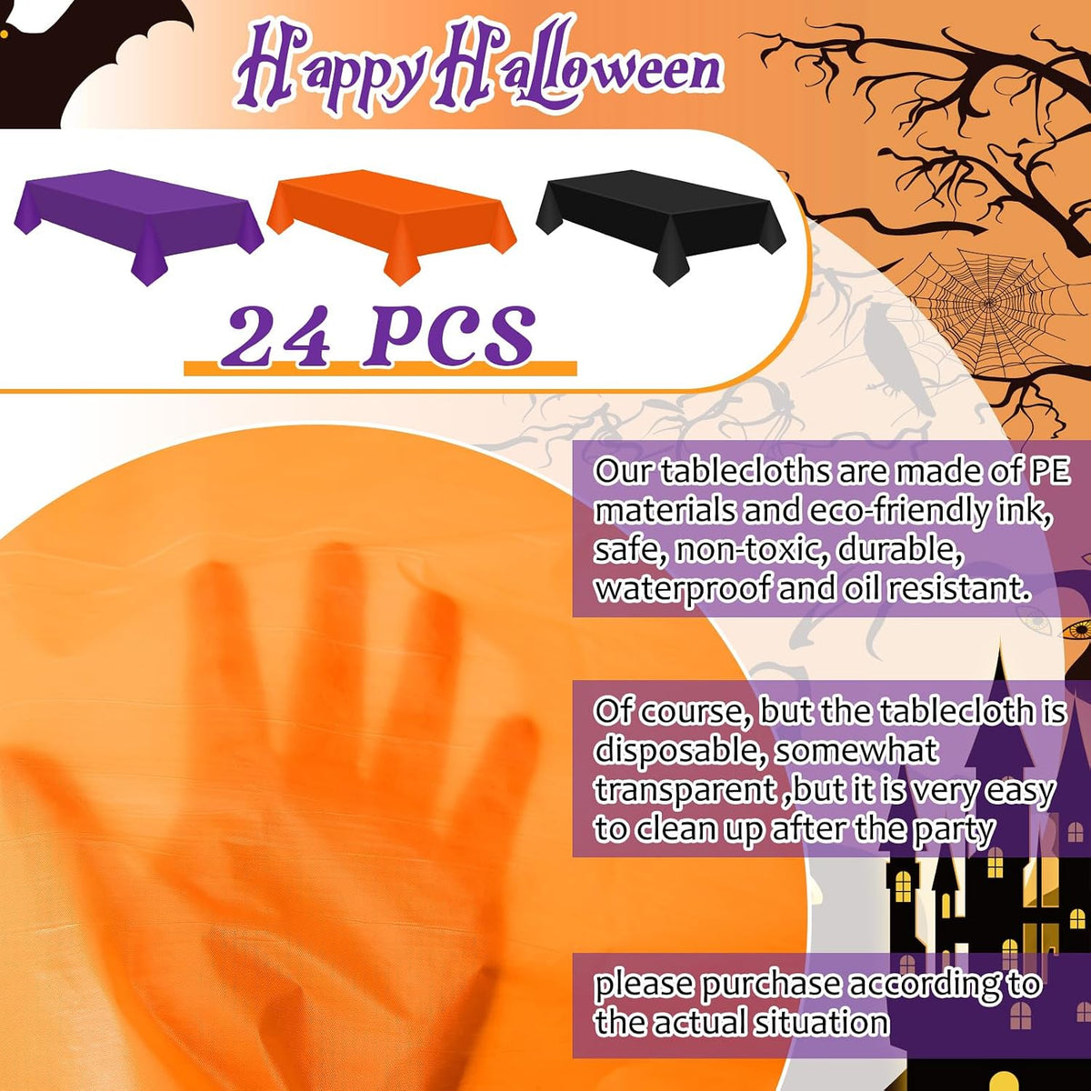 Patelai 24 Pcs Halloween Plastic Tablecloth, Black Orange Purple