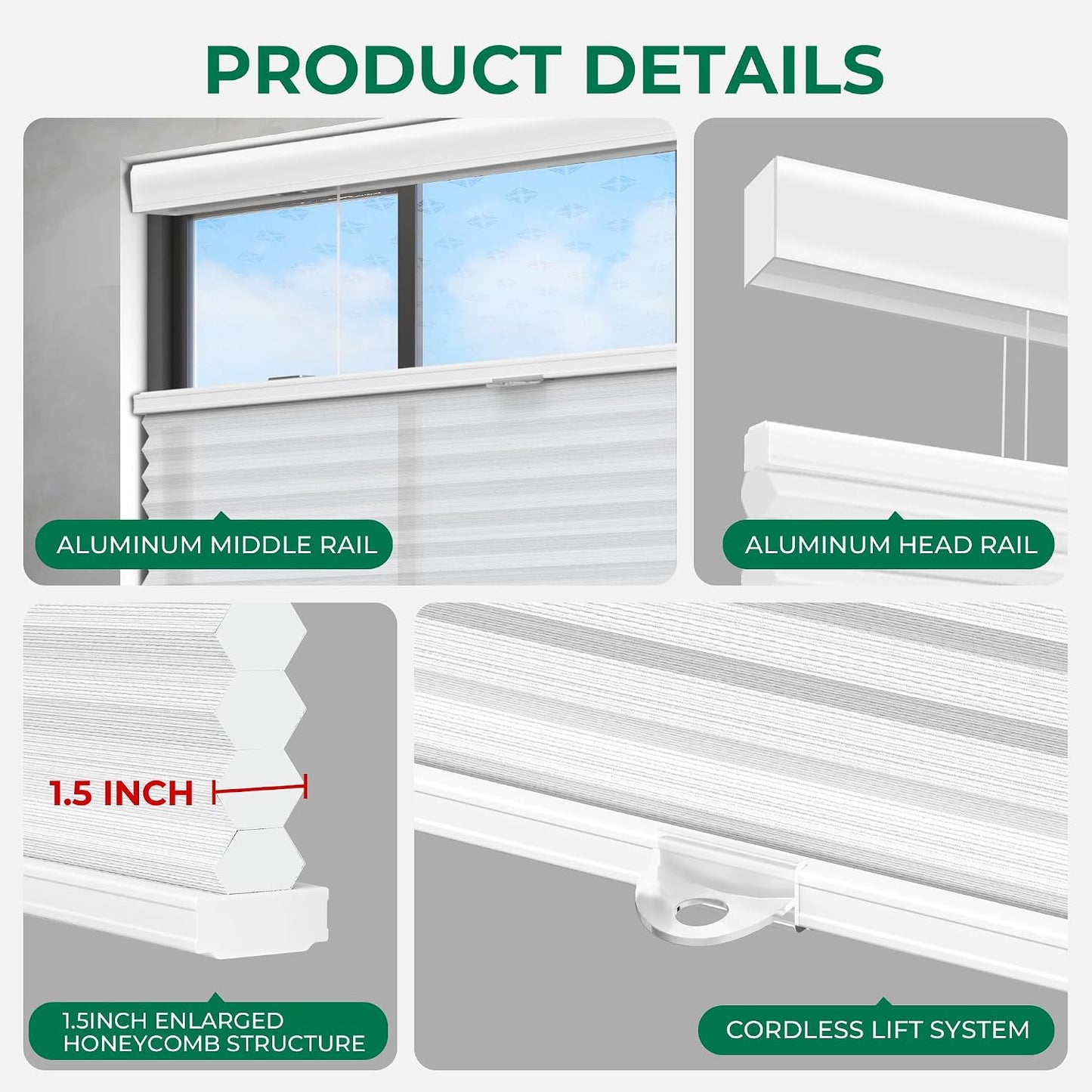 Allesin Top Down Bottom Up Cordless Cellular Shades,Thermal Insulation Honeycomb Blinds for Indoor Windows,(Clear White,29"x64")