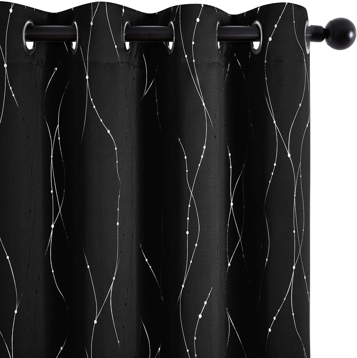 Deconovo 100% Blackout Living Room Curtains 84 Inches Long, Black Backing | Silver Line Foil Pattern Drapes, Thermal Insulated, Room Darkening, Grommet, 2 Panels Set, Black, 52 x 84 Inch