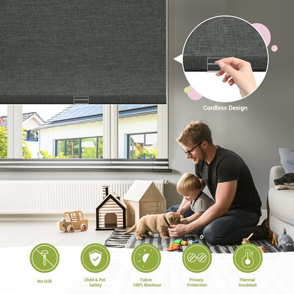 No Drill No Tools Blackout Roller Shades for Windows | Cordless Blinds with Baffles, Custom Roller Blinds for Home Office Door, Custom Size, Dark Grey(Single Tensioner)