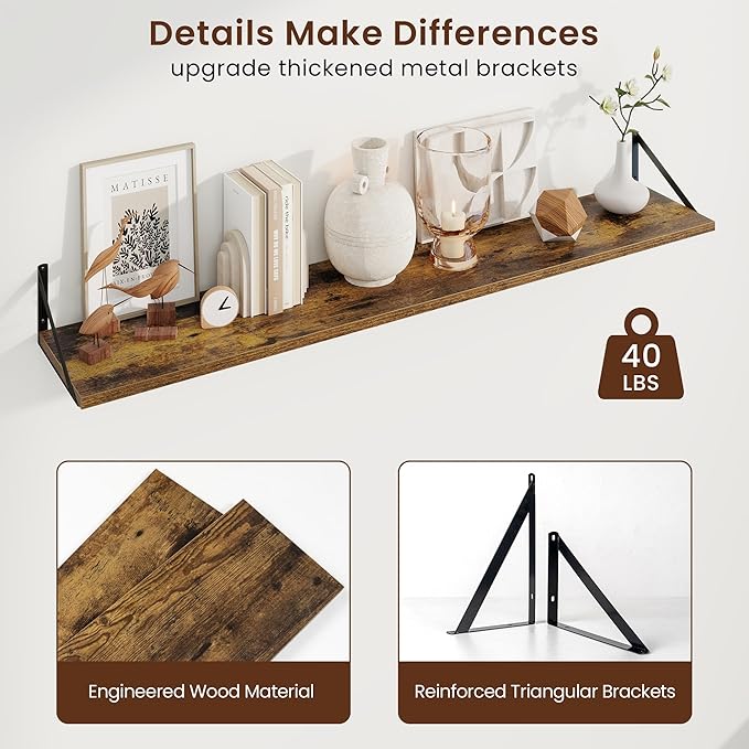 Axeman Deep Floating Shelves | 55 Inch Brown Wall Shelves Set of 2 | 10 Inch - Image 5