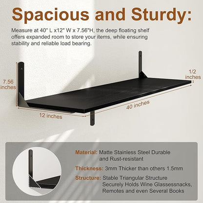 Black Floating Shelves 40"W x 12"D, Deep Wall Shelves - Image 3