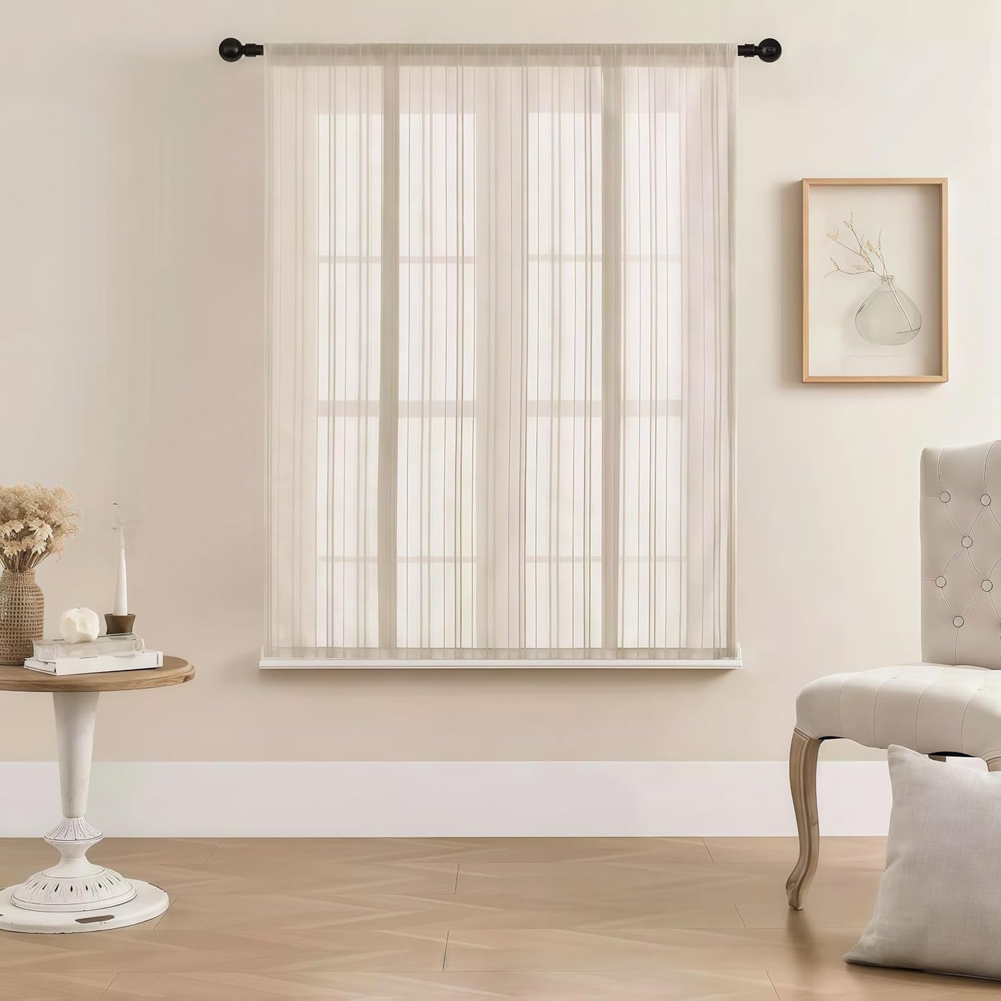 Gxi Beige Striped Sheer Curtain Tie Up Balloon Curtain for Kitchen Bathroom | Rod Pocket Farmhouse Linen Voile Valance for Living Room Small Window 1 Panel Width 39 x 47 inches Length
