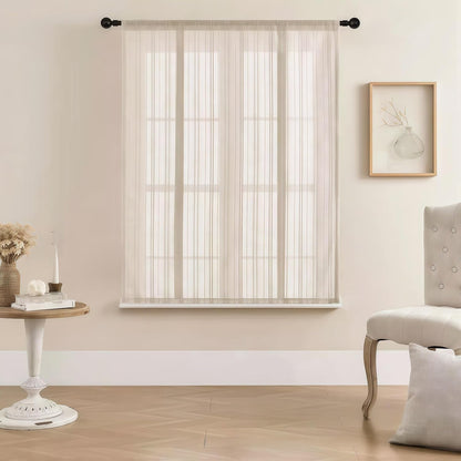 Gxi Beige Striped Sheer Curtain Tie Up Balloon Curtain for Kitchen Bathroom | Rod Pocket Farmhouse Linen Voile Valance for Living Room Small Window 1 Panel Width 39 x 47 inches Length