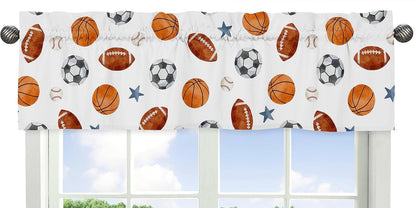 Sweet Jojo Designs Sports Theme Boy Window Valance Curtain Treatment Baby Nursery Kids Room Kitchen Bathroom Bedroom Watercolor Vintage Sport Themed Soccer Balls Football Baseball Basketball Blue Star