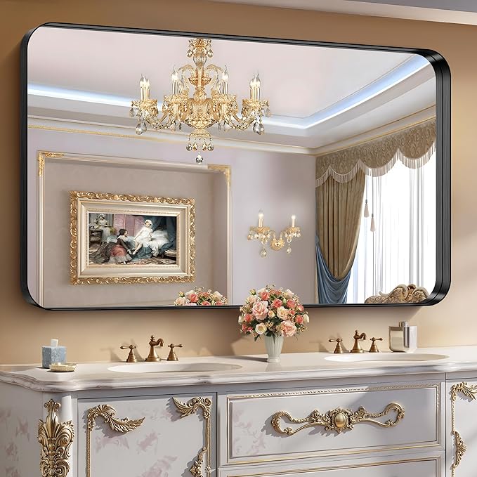 CIRCUMI Black Bathroom Mirror, Rounded Corner, Tempered Glass, Large Mirror - Image 6