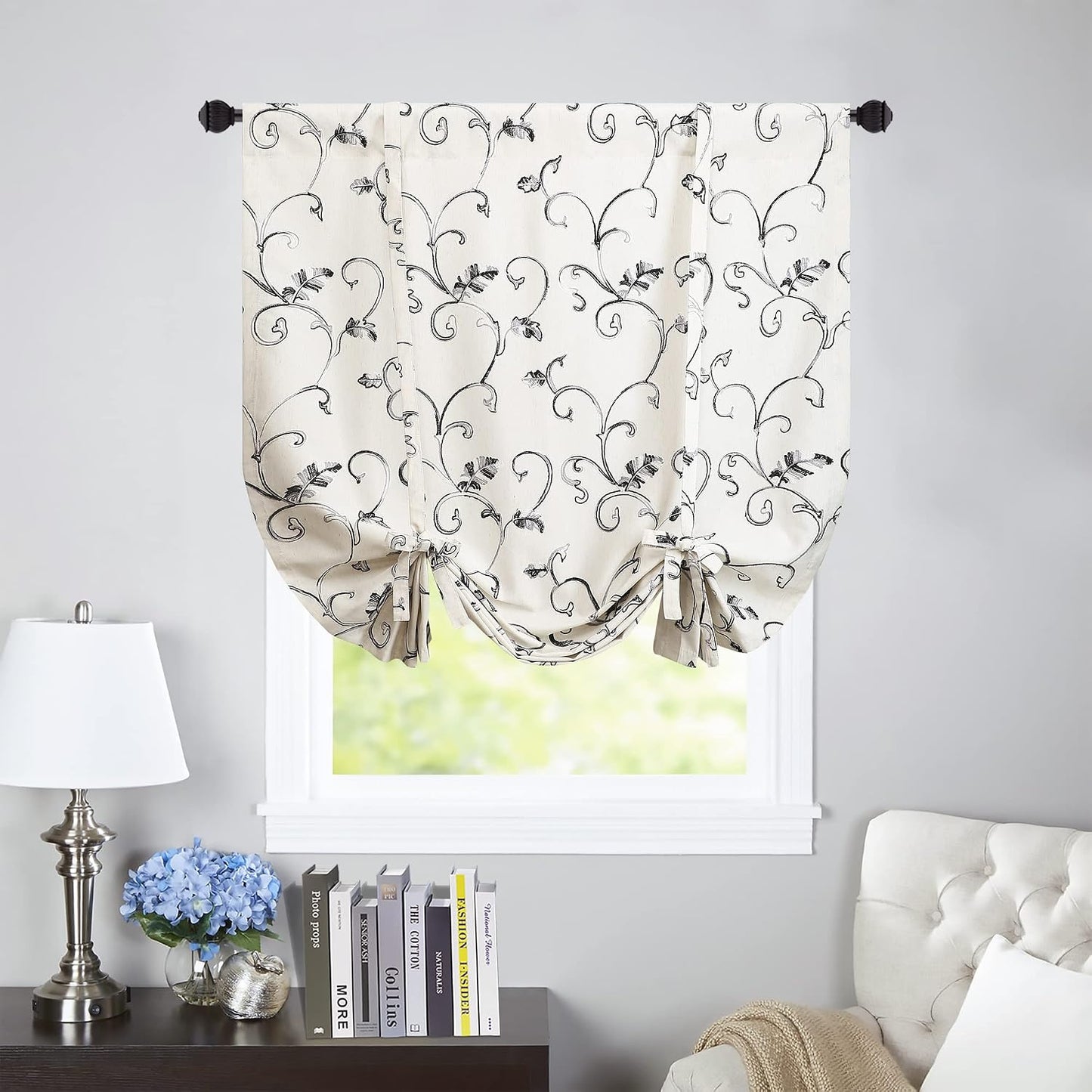 Gray Vine Embroidered Curtain Tie-Up Balloon Shade, 42 x 63 | Rod Pocket Top, Adjustable Ties, Light Filtering, 1 Panel, Farmhouse Style, Easy to Hang, for Kitchen Windows
