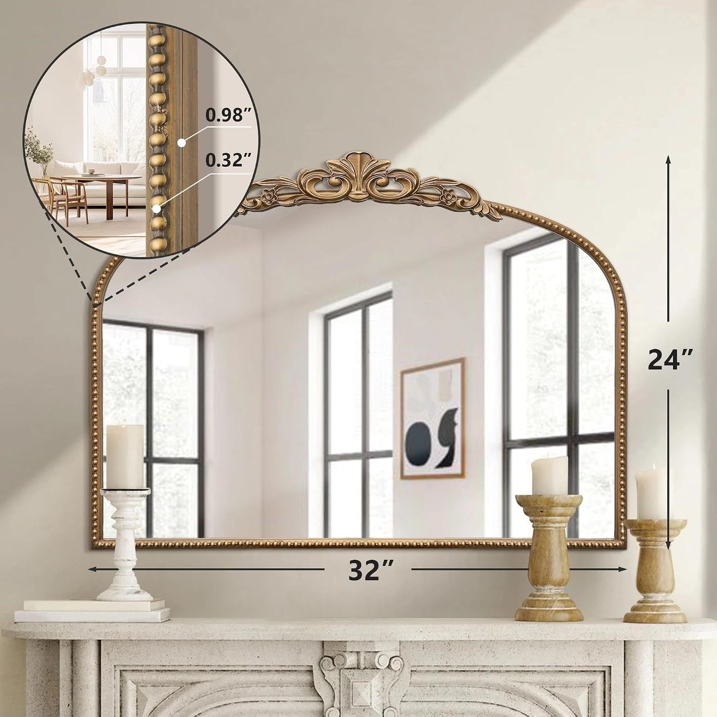 Micasso Vintage Gold Arched Mirror: 32"x24" Baroque Antique Vanity Mirror | Traditional Ornate French Decorative Wall Mirror for Bedroom/Bathroom/Entryway/Hallway/Dresser/Mantel/Nightstand/Over Sink
