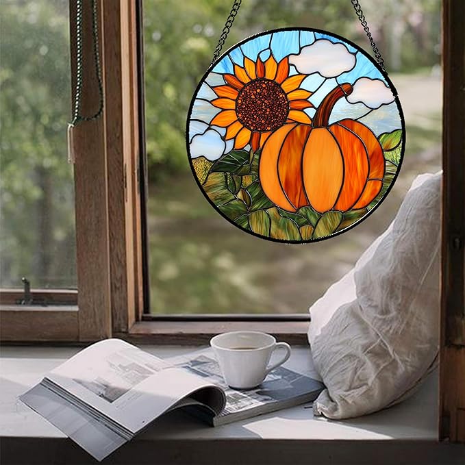 DASTOLL Stained Glass Window Hanging Fall Farm Scenery Sunflower Pumpkin 6.3" - Image 5