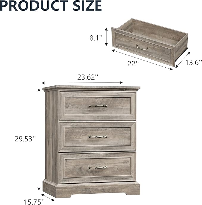 Nightstand with 3 Large Drawers, Rustic Farmhouse Wood Small Dresser, Bedside - Image 2