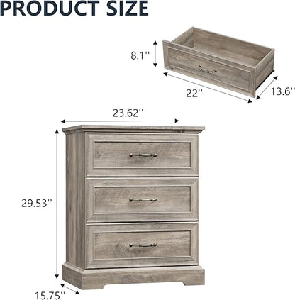 Nightstand with 3 Large Drawers, Rustic Farmhouse Wood Small Dresser, Bedside - Image 2