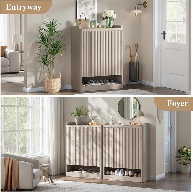 Fluted Shoe Cabinet, 25 Pair Shoe Storage Organizer Cabinet, Mid-Century Wooden - Image 5
