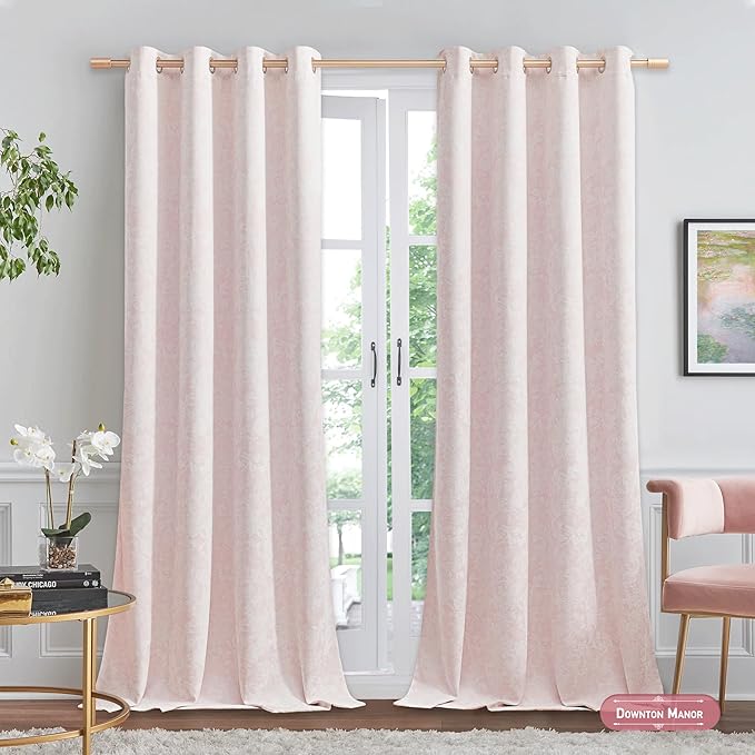 Beauoop Pink Floral Jacquard Blackout Curtains 120 Inches Long 2 Panels - Image 2