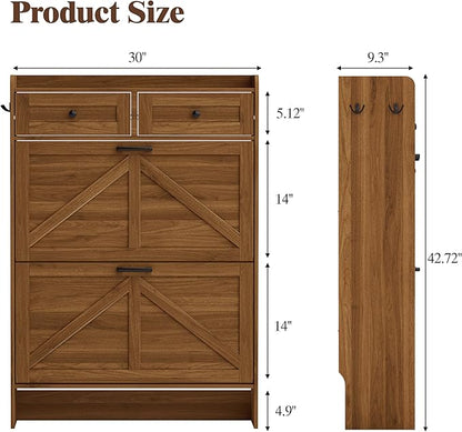 Shoe Cabinet with 2 Flip Drawers & 2 Storage Drawers, Rustic Farmhouse Narrow - Image 2