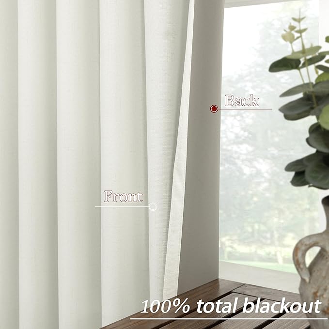 KOUFALL 86 Inch Length Ivory Back Tab Linen Blackout Curtainsfor Living Room - Image 5