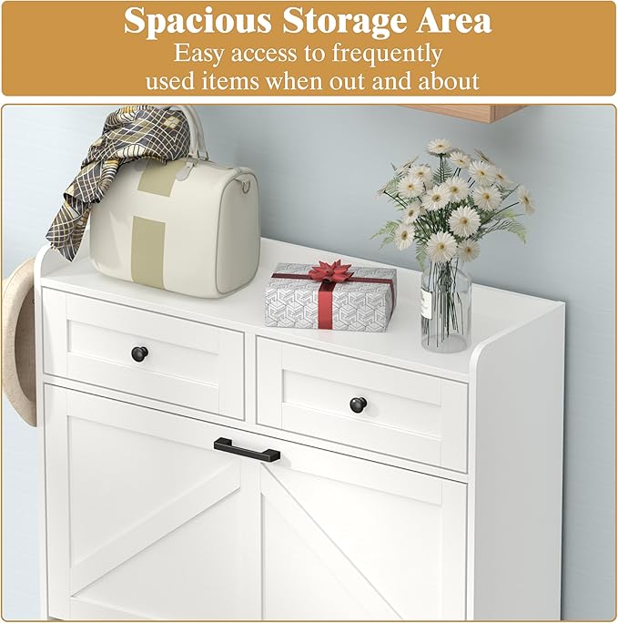Shoe Cabinet with 3 Flip Drawers & 2 Storage Drawers, Rustic Farmhouse Narrow - Image 4
