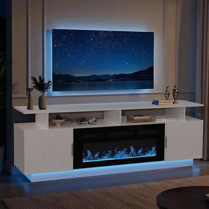 70” Fluted TV Stand with 36” Electric Fireplace, 2 Tier TV Console Cabinet with - Image 3