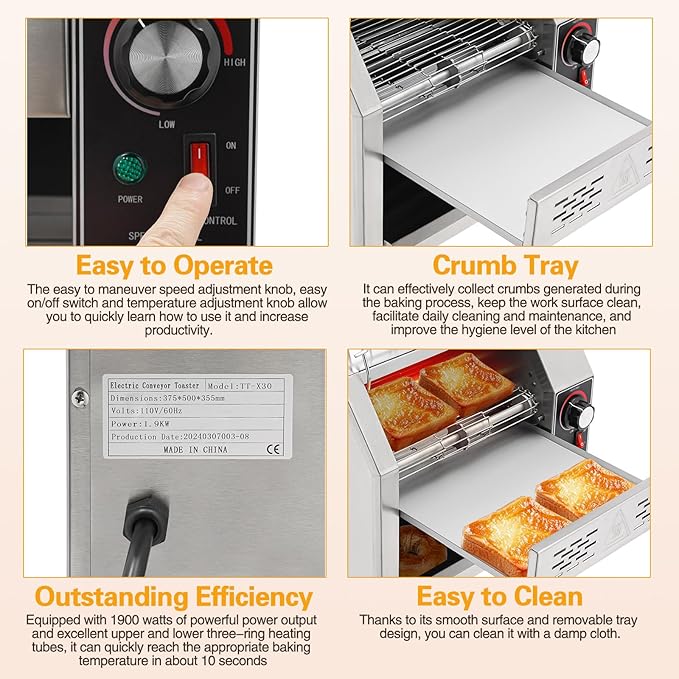 Commercial Conveyor Toaster, 300 Slices/Hour, Stainless Steel, Electric - Image 6