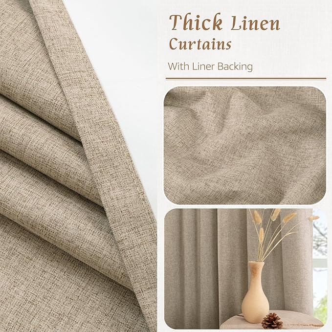 LAMIT 100% Blackout Linen Curtains, 63 Inches Linen Textured Thermal Bedroom - Image 8