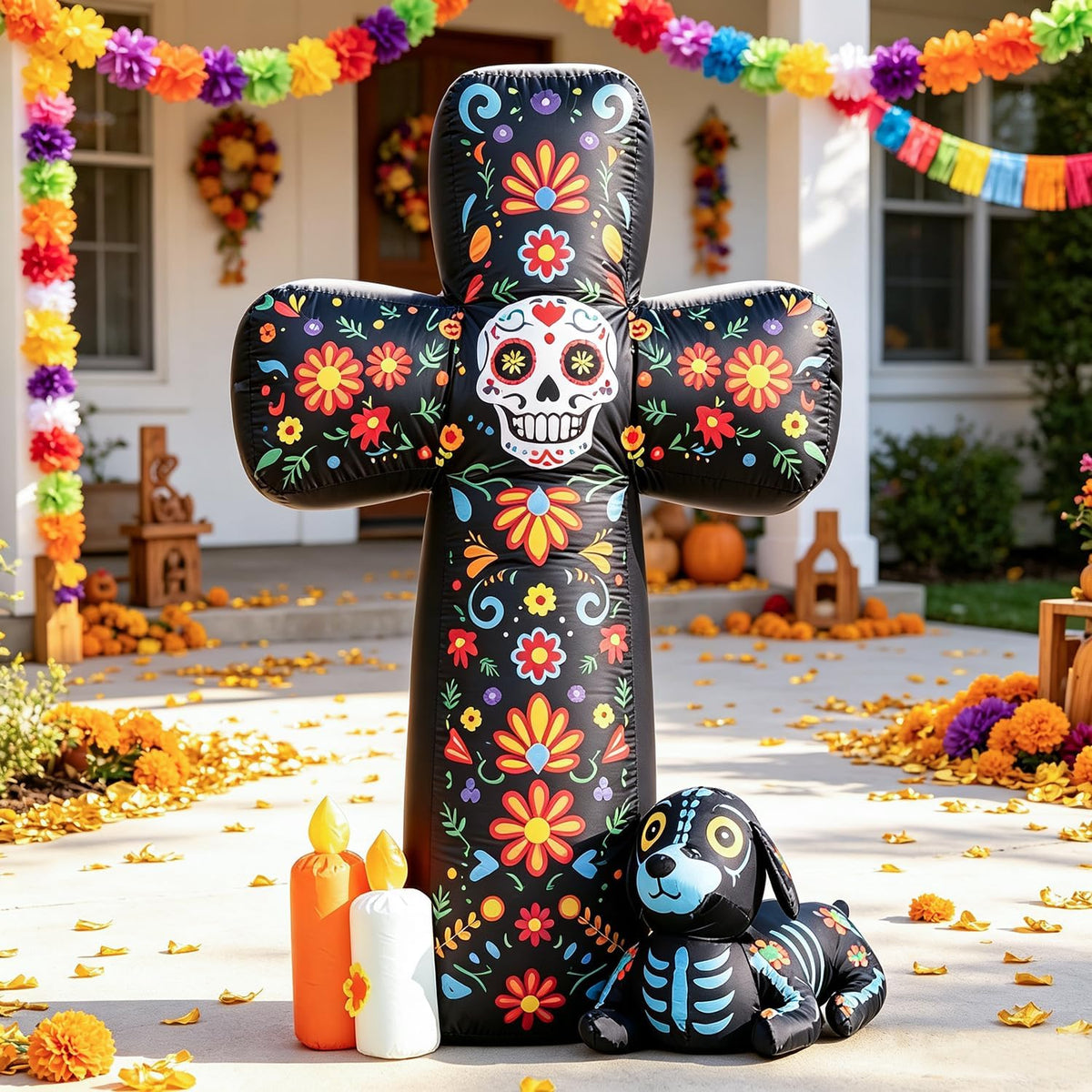 DomKom 6 FT Halloween Inflatable Outdoor Decorations, Day of the Dead Cross B...