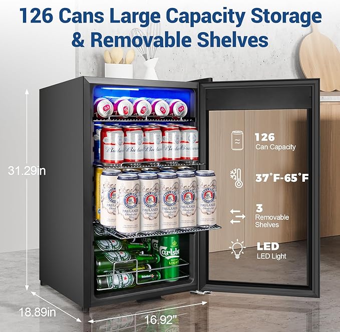 17 Inch Black Beverage Refrigerator- 126 Can Glass Door Beer Cooler - Image 3