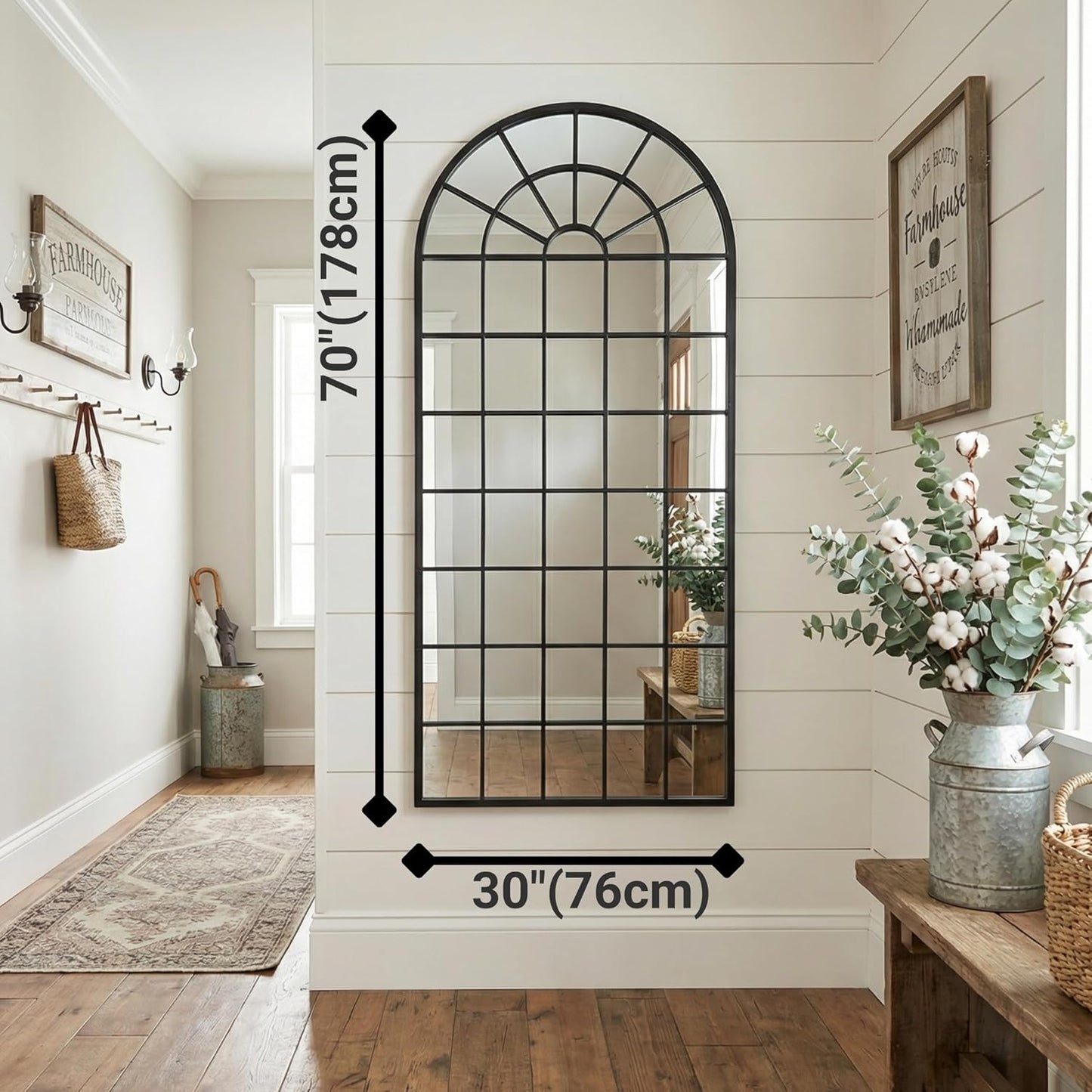 70x30Inch Large Arched Window Pane Mirror| Black Arched Mirrors for Wall & Floor | Arch Mirror Full Length for Entryway Living Room & Bedroom | Oversized Mirrors | Wall Art Decorative |Farmhouse Décor