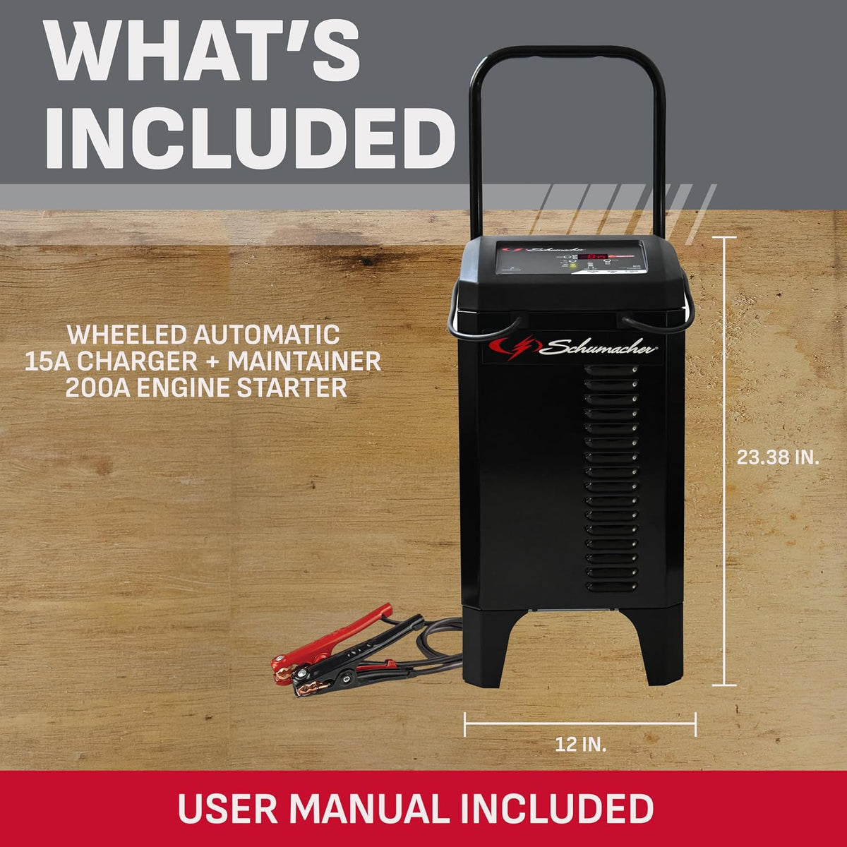 schumacher electric wheeled 6a car battery charger & on a desk or shelf