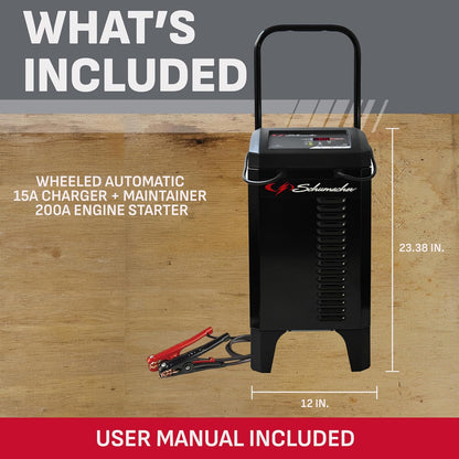 schumacher electric wheeled 6a car battery charger & on a desk or shelf