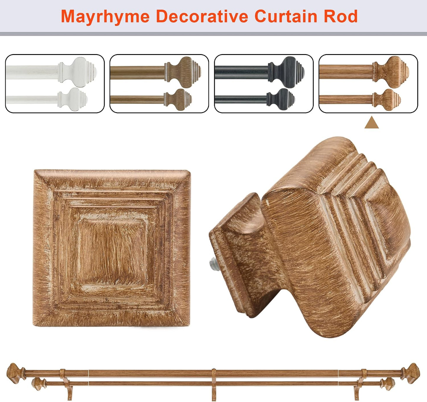Double Curtain Rods for Windows 36 to 72 Inches, Heavy Duty Double Curtain Rod with Square Retro Finials and Double Aluminum Bracket, Adjustable Double Rod for Curtains,Light Wood Grain