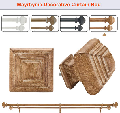 Double Curtain Rods for Windows 36 to 72 Inches, Heavy Duty Double Curtain Rod with Square Retro Finials and Double Aluminum Bracket, Adjustable Double Rod for Curtains,Light Wood Grain