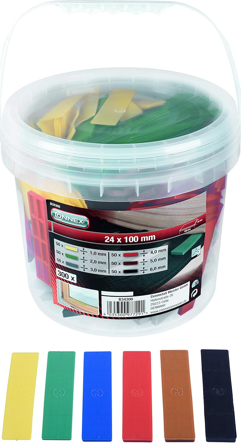 Connex B34300 Glazing Set 300 Pieces 100 x 24 mm Six Heights from 1 to 6 mm Assorted Colours with Ribbing Polypropylene/Backing Plates/Carrying Blocks/Plastic Wedges